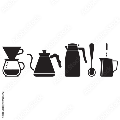 Silhouettes of coffee brewing equipment including pour over dripper carafe kettle spoon and mug on white background