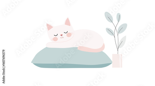 Illustration of a cat sleeping on a pillow.