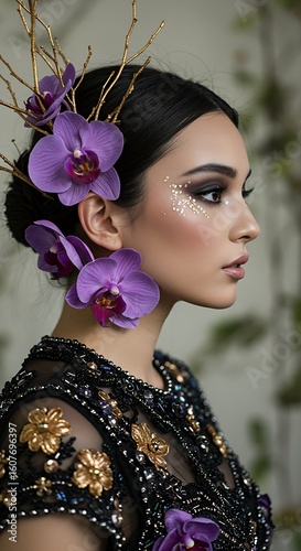 Elegant and dramatic artistic portrait of a woman featuring a magnificent floral headpiece and intricate jeweled face makeup.