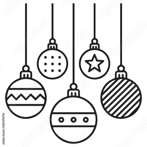 Simple line drawing of five hanging christmas ornaments with various festive patterns and designs on white background