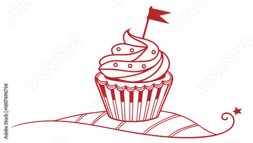 Red Cupcake Illustration with Flag Topper