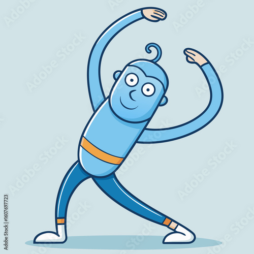 Blue cartoon character in yoga pose stretching arms up and sideways exercise fitness