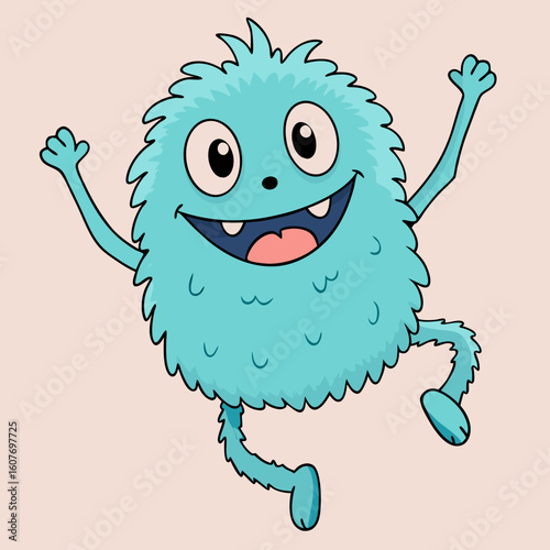 A happy blue fuzzy monster with one eye jumping with excitement vector