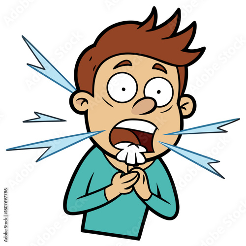 Cartoon boy sneezing with blue spray and motion lines illustration sickness