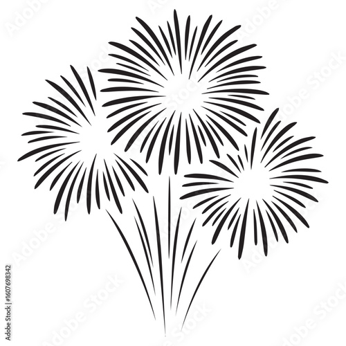 Stylized black and white illustration of a bursting fireworks display against a clean white background
