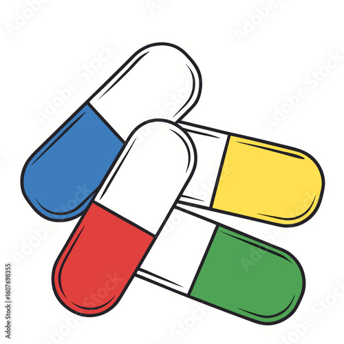Colorful capsules medication treatment pharmaceutical drugs healthcare and medicine remedy prescription 100mg