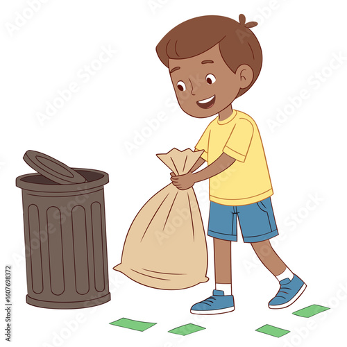 Illustration of boy picking up trash and putting it in a trash can for environmental awareness campaign