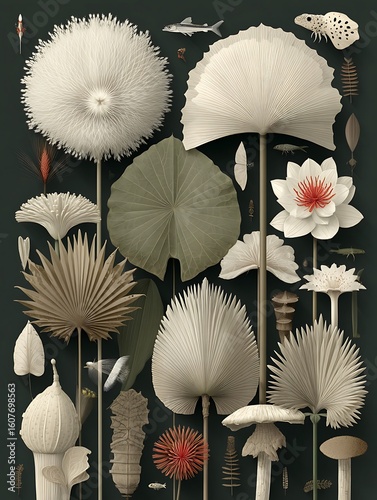 this artful composition presents a collection of plant and insect life against a somber backdrop