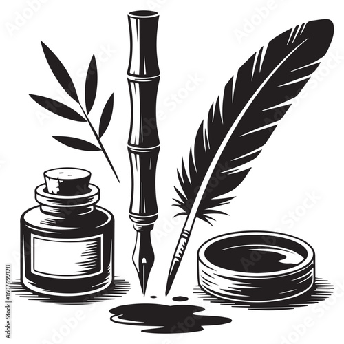 Vintage quill pen inkwell and bamboo branch illustration representing classic writing and artistic expression