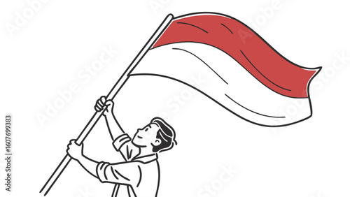 Patriotic Person Waving Indonesian Flag Illustration. Hand-drawn sketch of national pride, independence, and freedom represented by the red and whi...