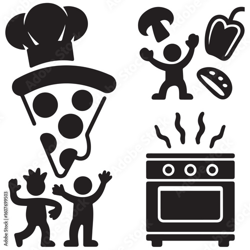 Whimsical cartoon icons depicting pizza making cooking with vegetables and happy chefs celebrating culinary creations in a fun style