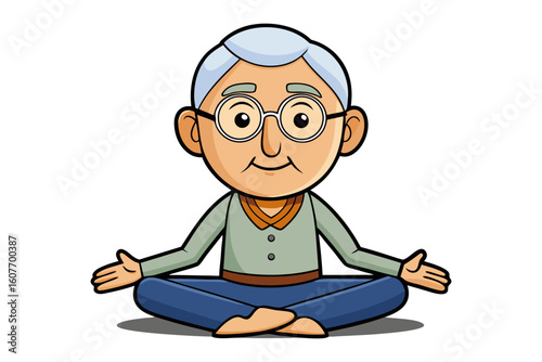 Cartoon elderly man with gray hair and glasses meditating peacefully in a lotus pose