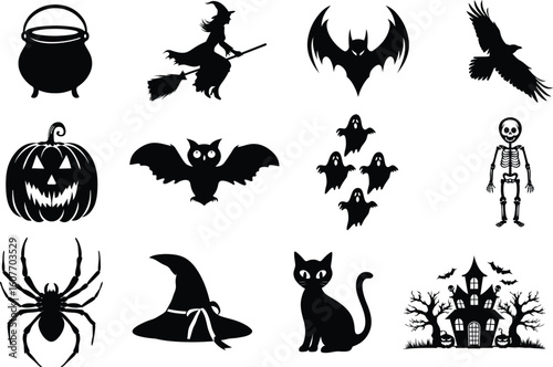 set of halloween element silhouette collection. Black and white vector editable file. pumpkin, ghost, cat, cauldron, horror house, female witch ride, owl, raven bird, skeleton, spider, witch hat