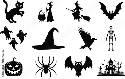 set of halloween element silhouette collection. Black and white vector editable file. pumpkin, ghost, cat, cauldron, horror house, female witch ride, owl, raven bird, skeleton, spider, witch hat