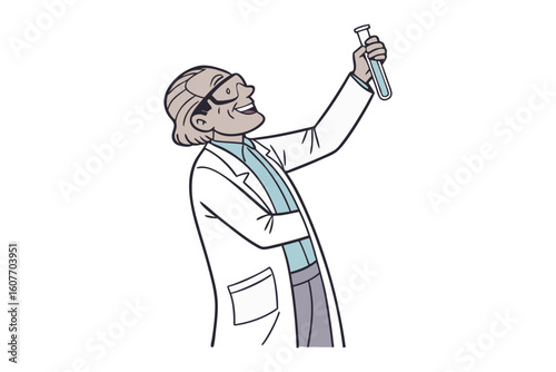 Enthusiastic cartoon scientist with white hair and glasses holds a green liquid in a test tube and gives a thumbs up