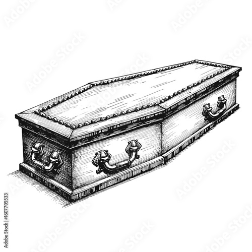 Coffin sketch in vintage style with detailed black capillary pen  