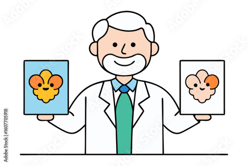 Excited cartoon man with open arms speaking enthusiastically from a podium with microphones