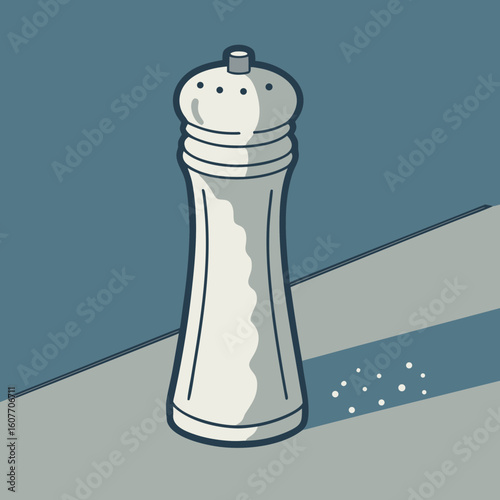 Pepper shaker on a surface with salt spilling around