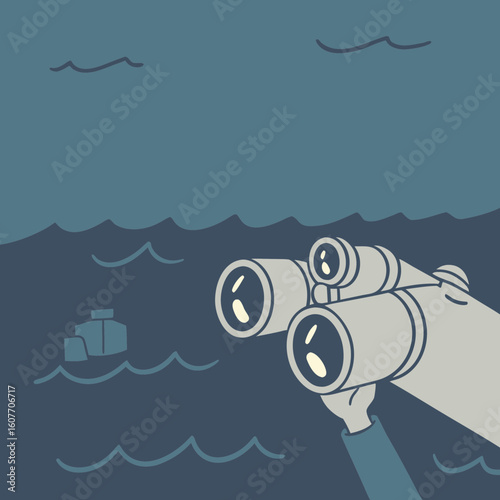 Person using binoculars to observe ship on dark ocean background  