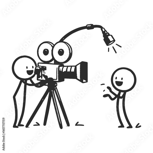 Playful stick figure film crew in minimalist scene with cartoon camera and performer, vector