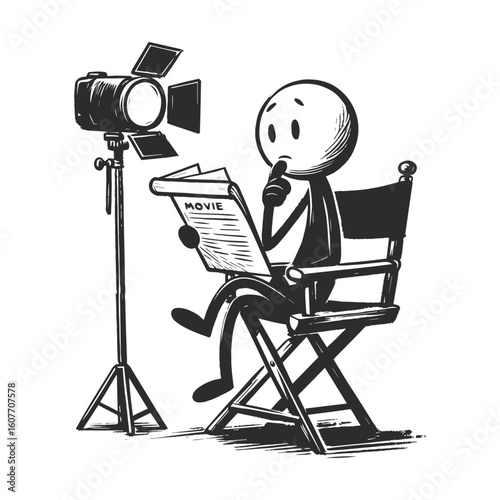 Minimalist illustration of film director in creative moment holding script with studio light, vector