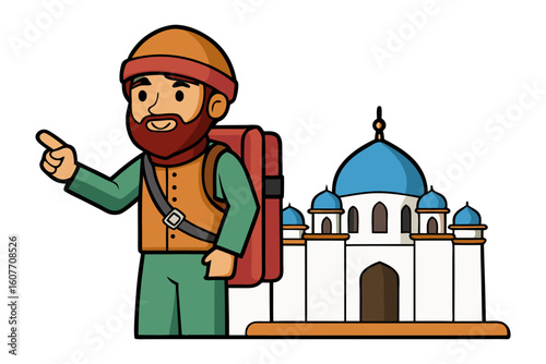 Cartoon of an astronomer in traditional attire pointing at a star with a telescope nearby