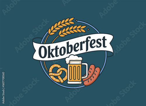 Oktoberfest Beer Celebration Badge with Mug and Autumn Leaves