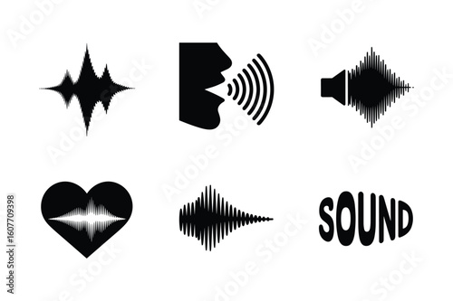 Black sound wave icons and speech silhouette audio waveform