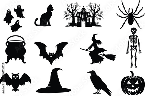set of halloween element silhouette collection. Black and white vector editable file. pumpkin, ghost, cat, cauldron, horror house, female witch ride, owl, raven bird, skeleton, spider, witch hat