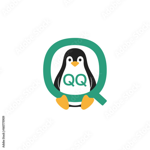 Playful Penguin Logo with Green Q and Orange Feet Featuring QQ Text.
