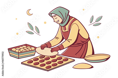 Cartoon muslim man wearing a white thobe and kufi reading from a wooden rehal