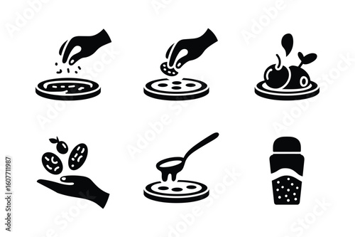 Hand sprinkling seeds onto petri dish adding liquid to petri dish and serving food