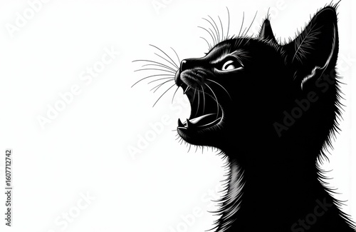 A black cat with sharp teeth and intense eyes showing aggression or alertness
