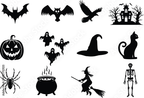 set of halloween element silhouette collection. Black and white vector editable file. pumpkin, ghost, cat, cauldron, horror house, female witch ride, owl, raven bird, skeleton, spider, witch hat