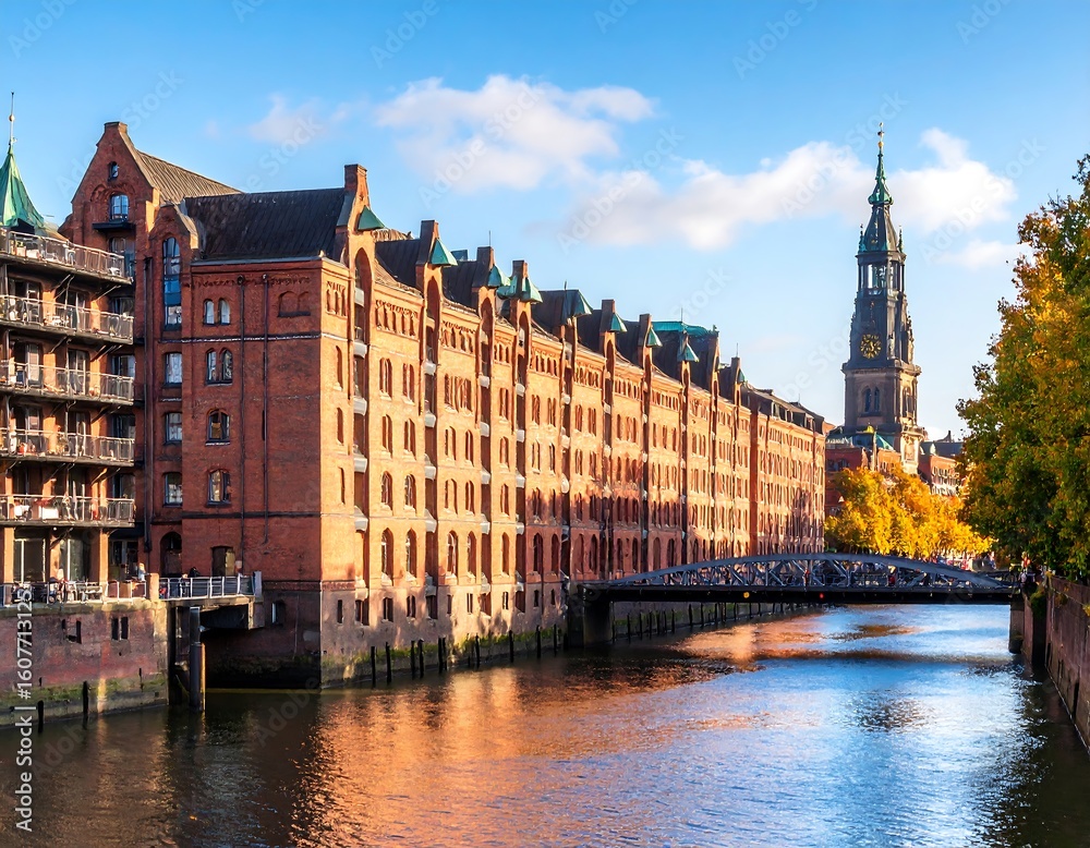 Fototapeta premium Canalside buildings, autumnal hues, historic European city