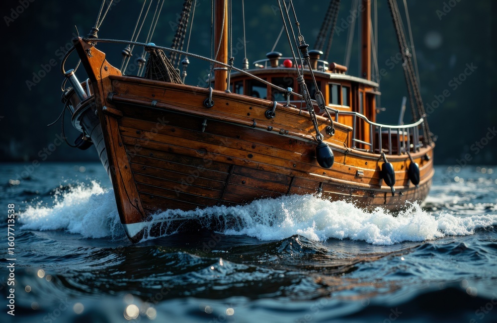 Obraz premium A wooden sailing boat speeds through the water with waves splashing around it