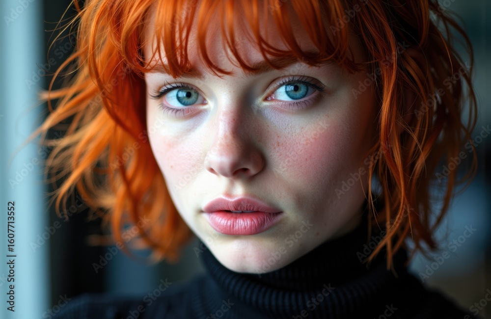 Obraz premium Woman with red hair and blue eyes looking directly at camera