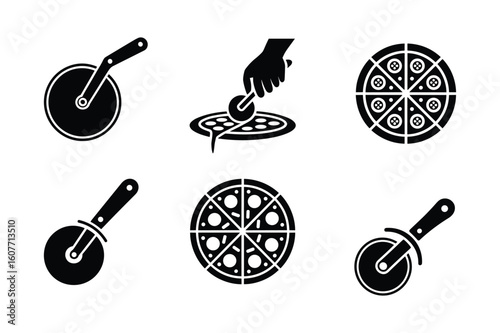Pizza cutter slicing pizza and whole pizza slices cutting food