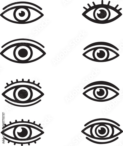 Variety of Eye Icons Featuring Different Eyelash Styles and Shapes Displayed in a Grid Pattern on a White Background