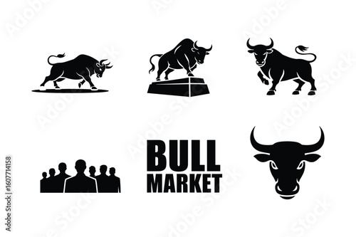Powerful bull silhouettes and market text finance business