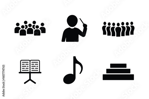 Silhouette figures conductor orchestra music note stand and tiered risers vector