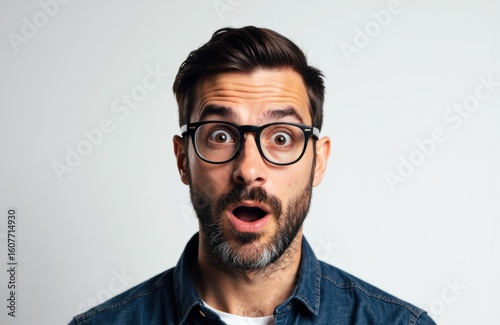 Surprised man with glasses looking directly at camera on plain background