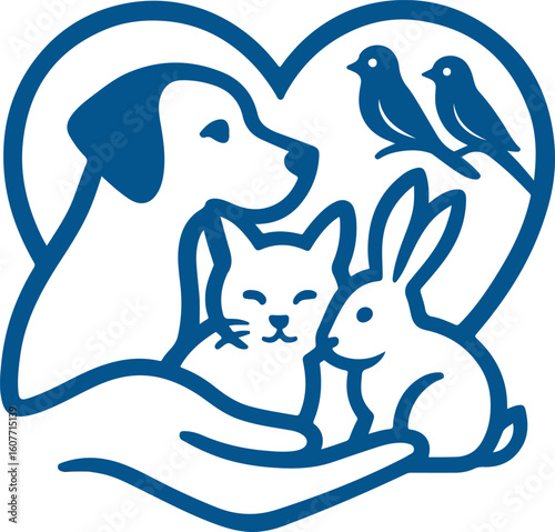 Blue heart embracing diverse animals including a dog cat rabbit and birds vector
