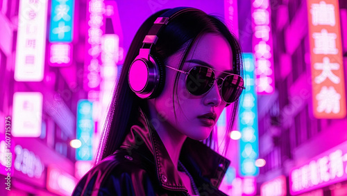### AI Image Prompt
Create an illustration of a cyberpunk woman wearing headphones, set against a vibrant neon cityscape that embodies future technology. The design should incorporate fractured iconog