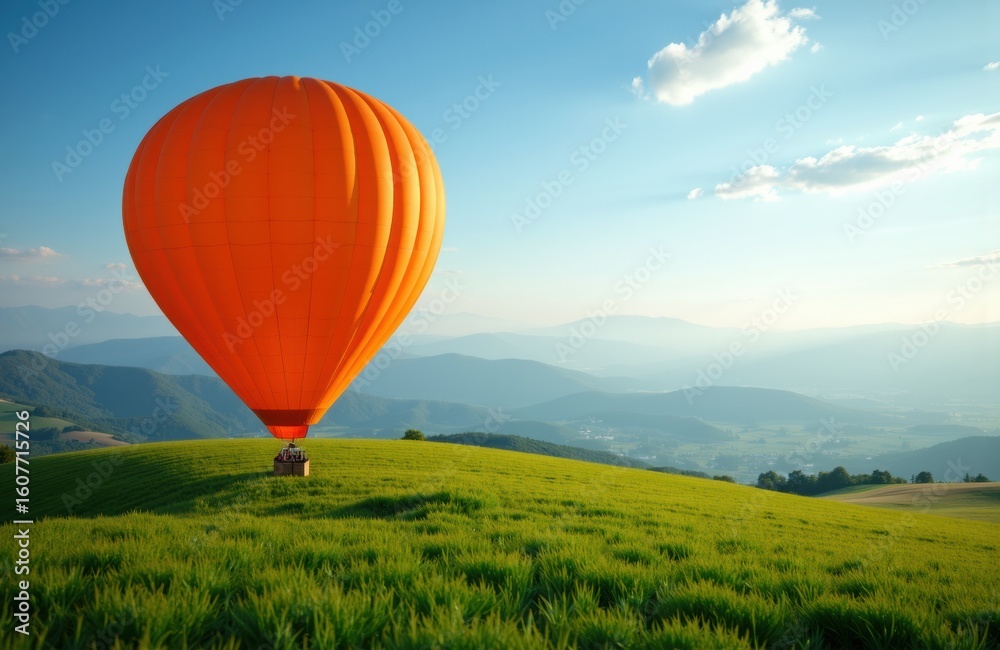 Fototapeta premium Hot air balloon floating above lush green fields on a clear day with blue sky and distant mountains