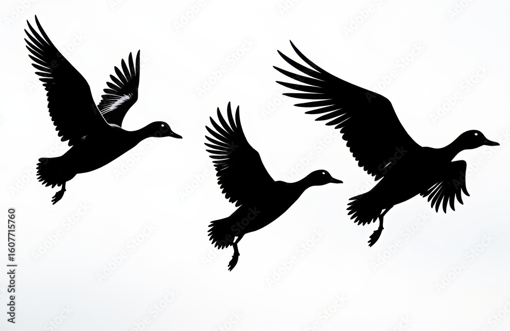 Obraz premium Silhouettes of three flying birds in different positions against a white background