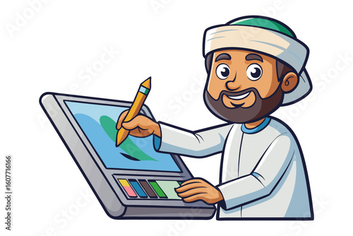 Arab man in traditional robes interacting with a falcon in a desert landscape