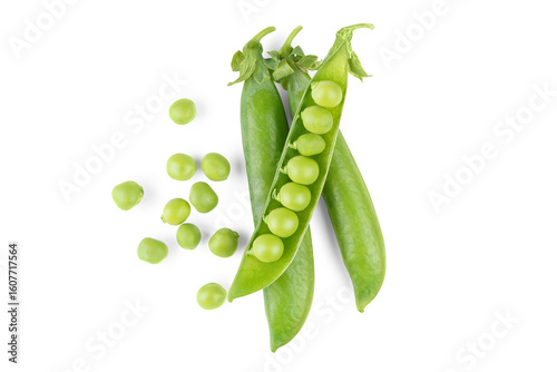 Cuadro en lienzo Open green pea pod with individual peas scattered around, isolated on white, transparent background