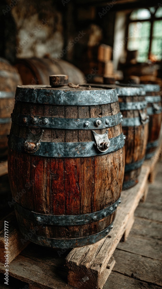 Fototapeta premium Rows of oak barrels with metal hoops sit on a wood pallet inside a cellar