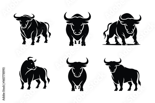 Black bull silhouettes powerful stance majestic horns bulls cattle